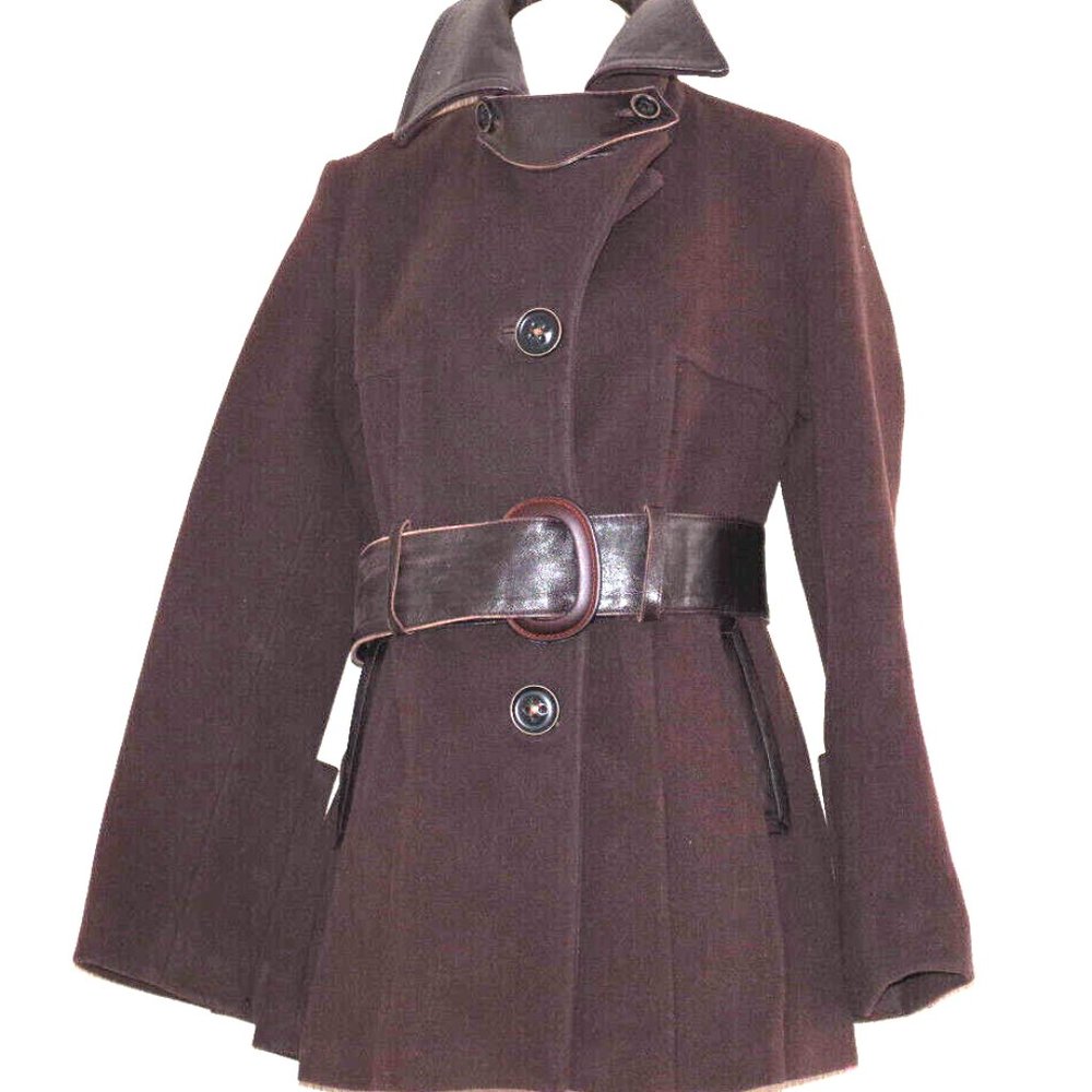 Arte Pelle Collection VTG Brown Wool Leather Trim Belted Pea Coat Women Size:P/S